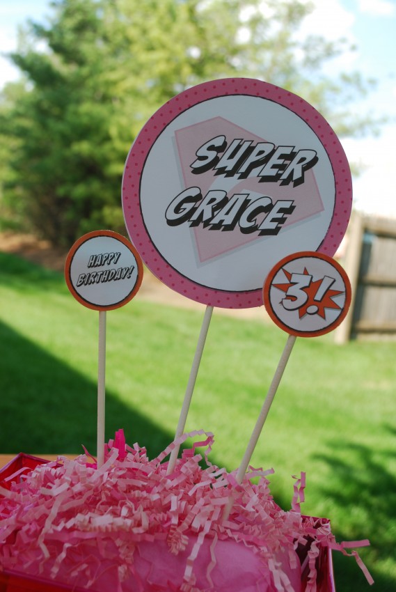 Girl's superhero birthday party - printables as centerpieces
