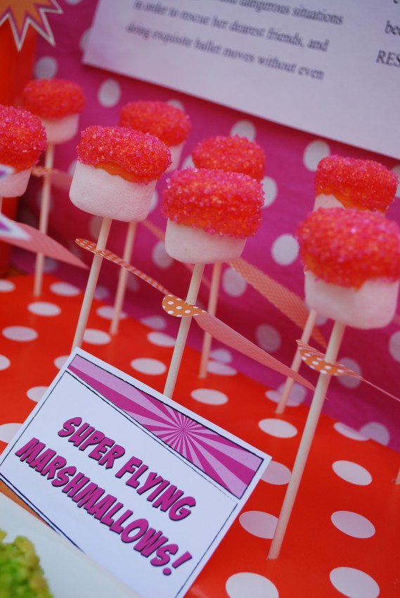 Girl's superhero birthday party -super flying marshmallows