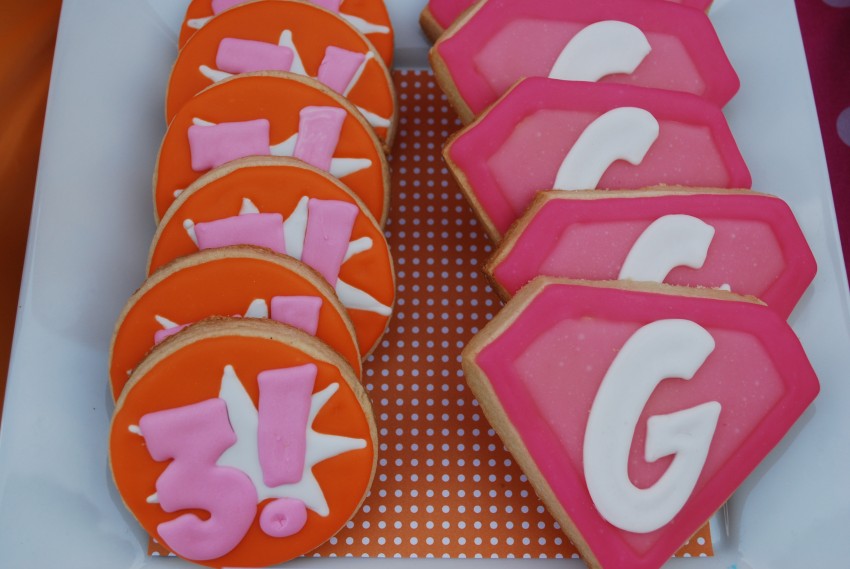 Girl's superhero birthday party -number and letter cookies