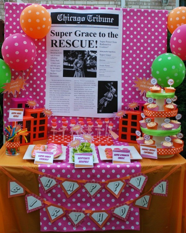 Girl's superhero birthday party -dessert table