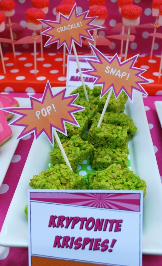 Girl's superhero birthday party -kryptonite krispies