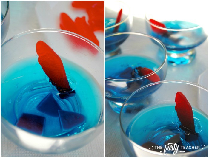 Shark Chum Jell-O Tutorial - position whole fish to stick up through the top - The Party Teacher
