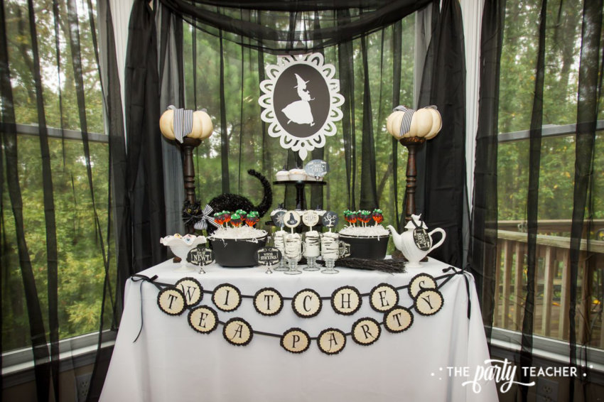 Witch's Tea Party by The Party Teacher-create a party backdrop with sheer curtains