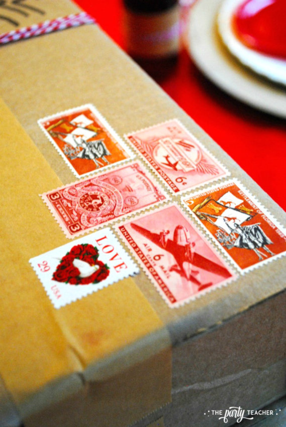 Brown Paper Packages Tied Up in String Valentine's Day Party by The Party Teacher - vintage stamps