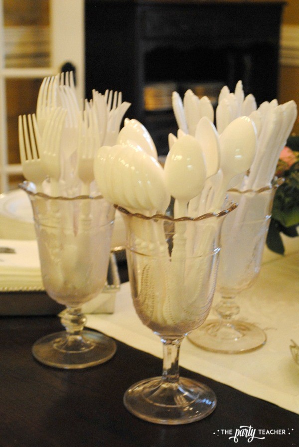 Baby carriage inspired baby shower by The Party Teacher - party utensils in water goblets